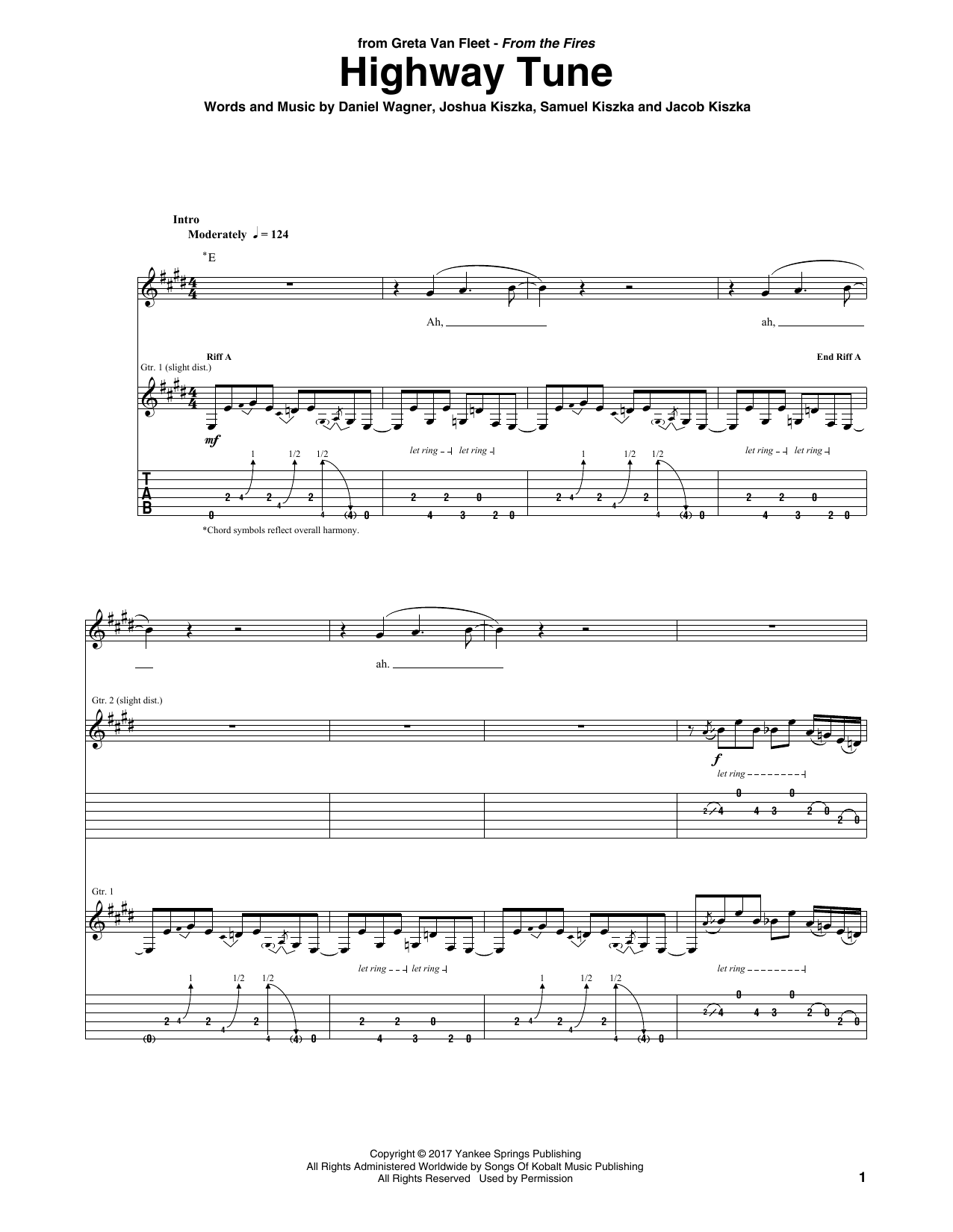 Greta Van Fleet Highway Tune Sheet Music Notes & Chords for Guitar Tab - Download or Print PDF