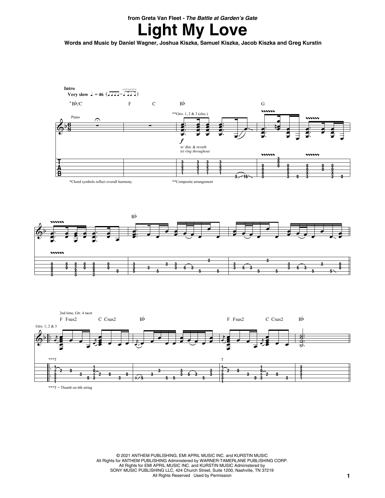 Greta Van Fleet Light My Love Sheet Music Notes & Chords for Guitar Tab - Download or Print PDF