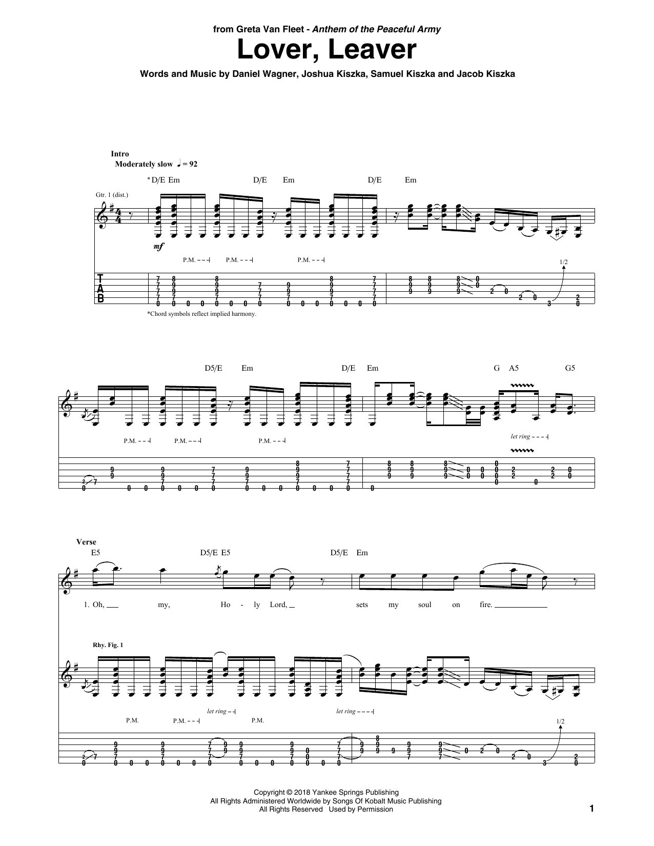 Greta Van Fleet Lover, Leaver Sheet Music Notes & Chords for Guitar Tab - Download or Print PDF Greta Van Fleet Lover, Leaver Sheet Music Notes & Chords for Guitar Tab - Download or Print PDF