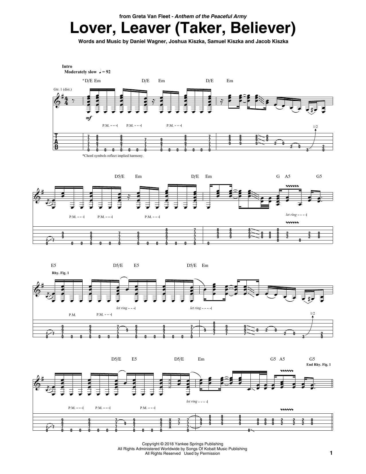 Greta Van Fleet Lover, Leaver (Taker, Believer) Sheet Music Notes & Chords for Guitar Tab - Download or Print PDF