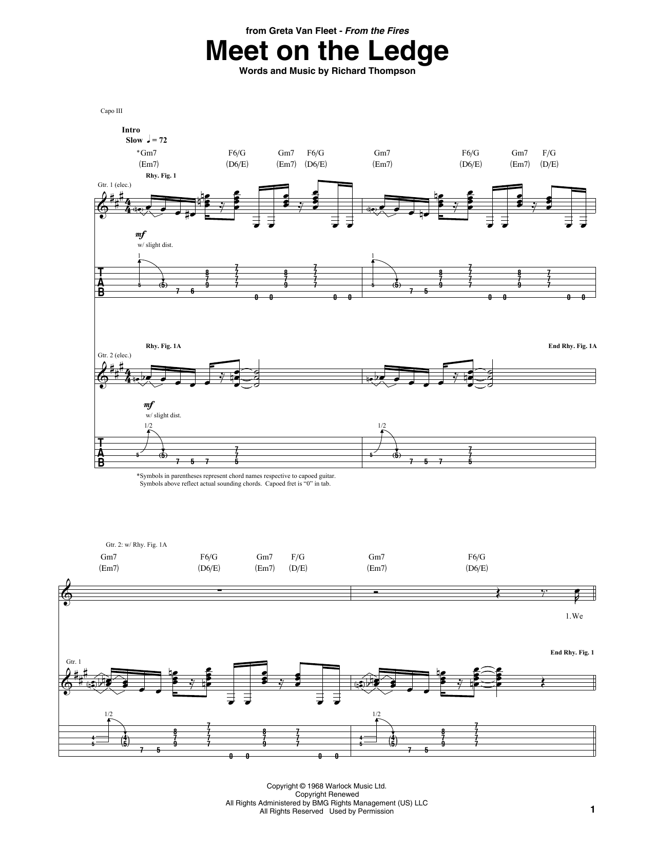 Greta Van Fleet Meet On The Ledge Sheet Music Notes & Chords for Guitar Tab - Download or Print PDF