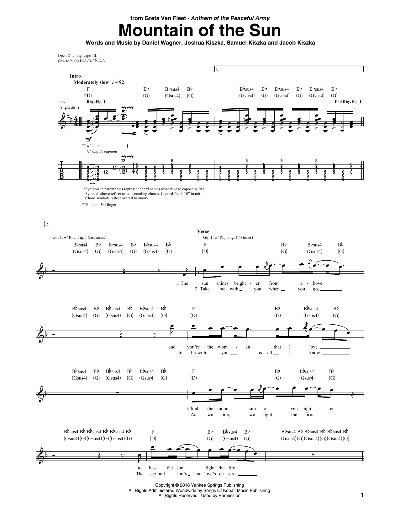 Greta Van Fleet Mountain Of The Sun Sheet Music Notes & Chords for Guitar Tab - Download or Print PDF