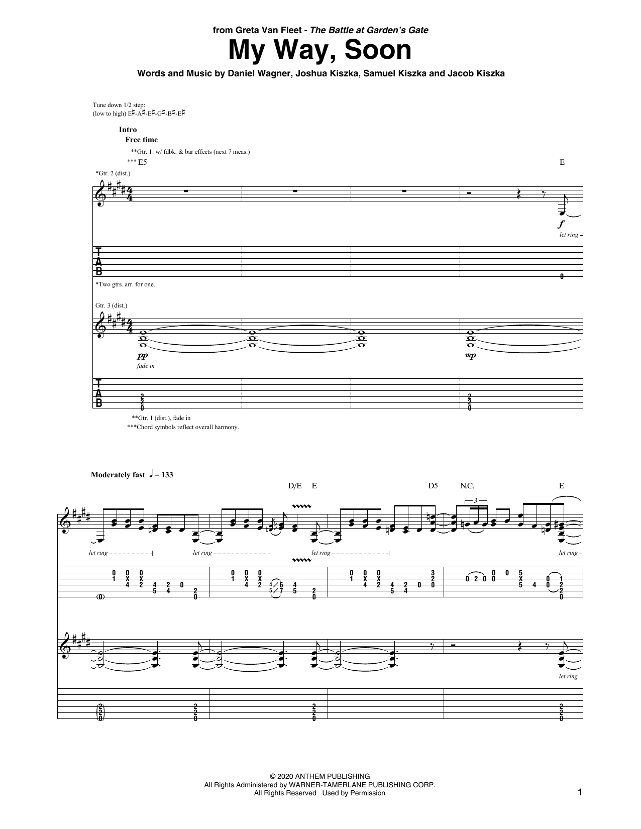 Greta Van Fleet My Way, Soon Sheet Music Notes & Chords for Guitar Tab - Download or Print PDF