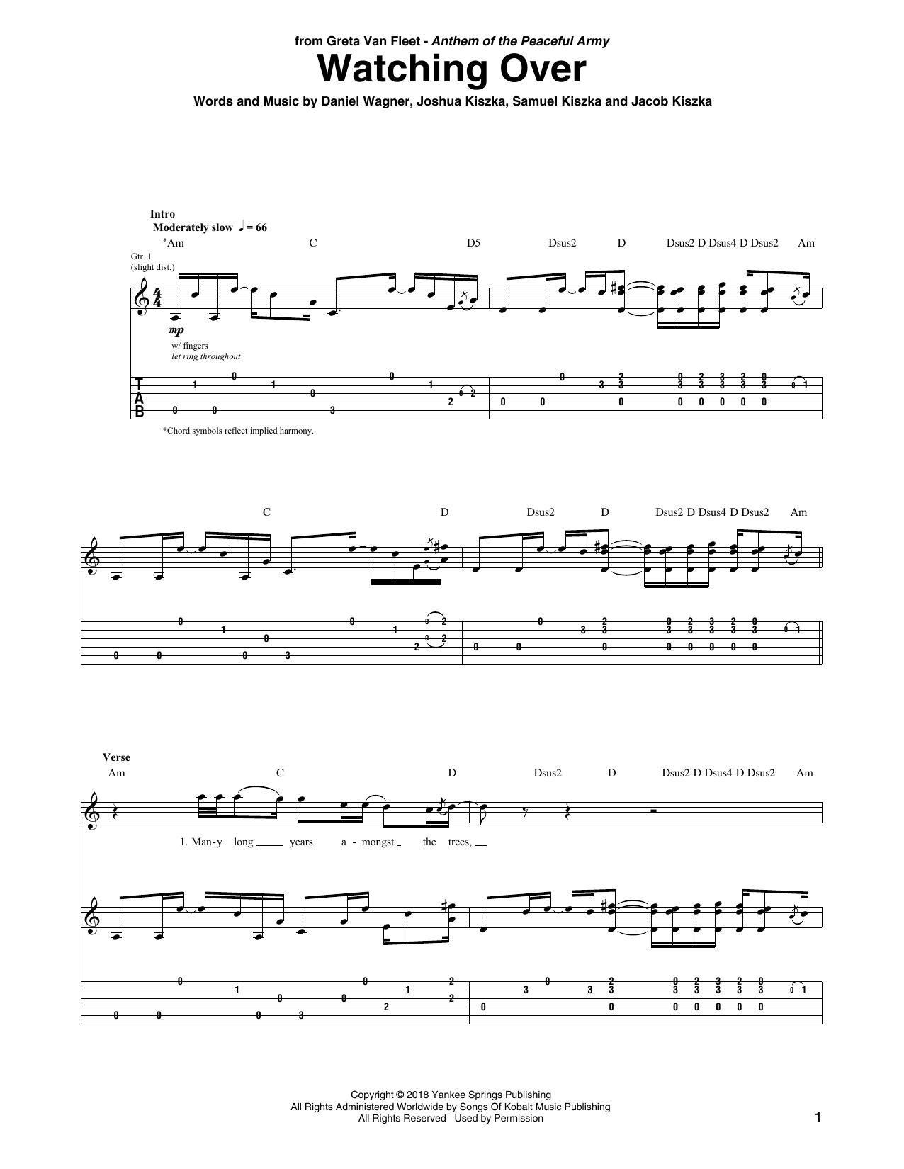 Greta Van Fleet Watching Over Sheet Music Notes & Chords for Guitar Tab - Download or Print PDF