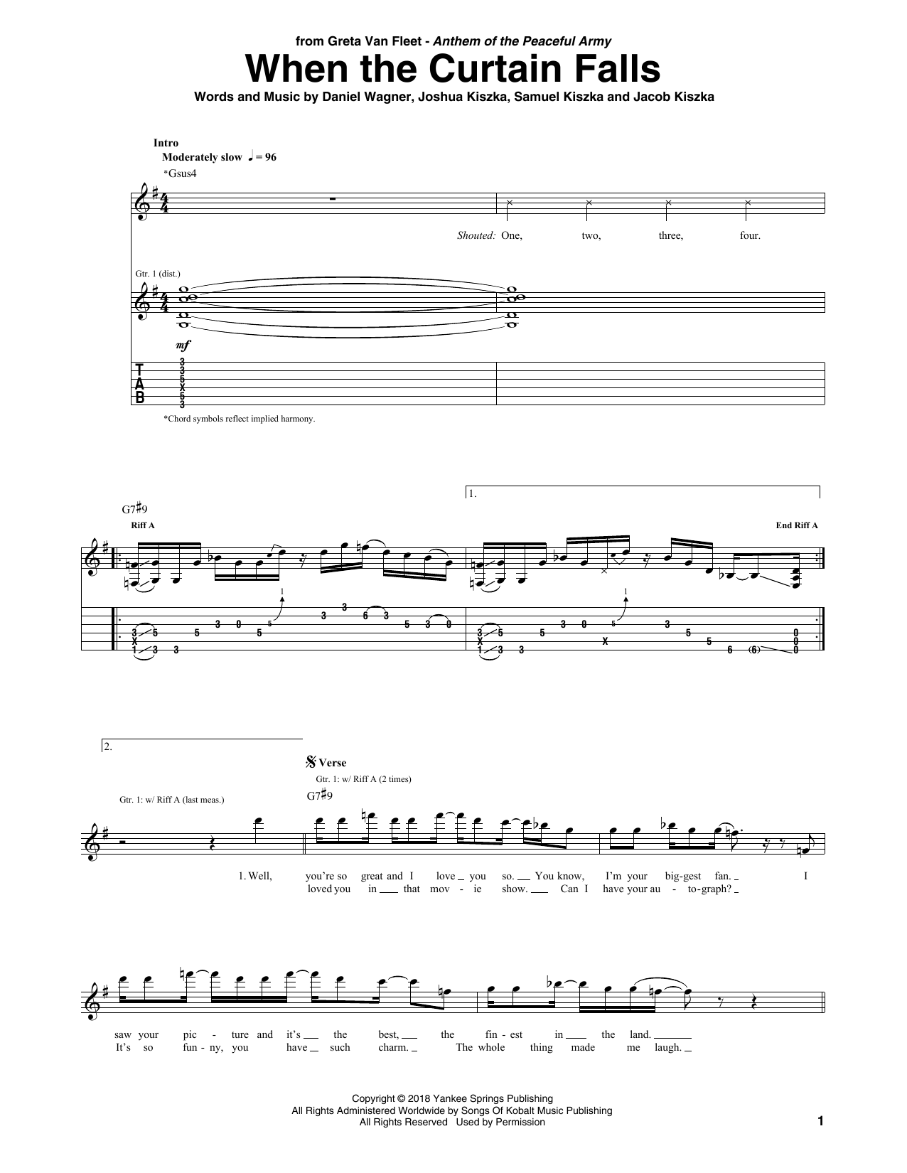 Greta Van Fleet When The Curtain Falls Sheet Music Notes & Chords for Guitar Tab - Download or Print PDF