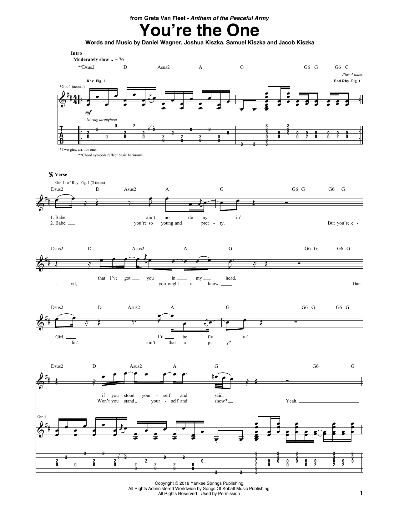 Greta Van Fleet You're The One Sheet Music Notes & Chords for Guitar Tab - Download or Print PDF
