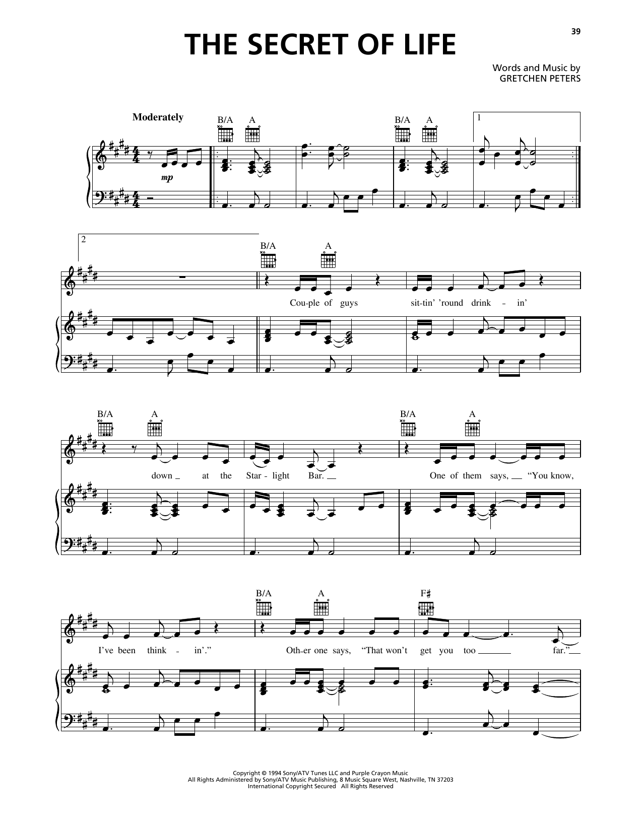 Gretchen Peters The Secret Of Life Sheet Music Notes & Chords for Piano, Vocal & Guitar Chords (Right-Hand Melody) - Download or Print PDF Gretchen Peters The Secret Of Life Sheet Music Notes & Chords for Piano, Vocal & Guitar Chords (Right-Hand Melody) - Download or Print PDF