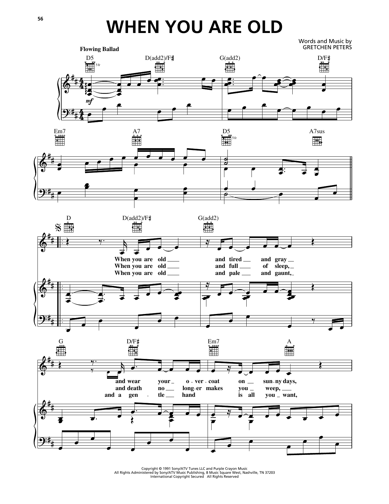 Gretchen Peters When You Are Old Sheet Music Notes & Chords for Piano, Vocal & Guitar Chords (Right-Hand Melody) - Download or Print PDF