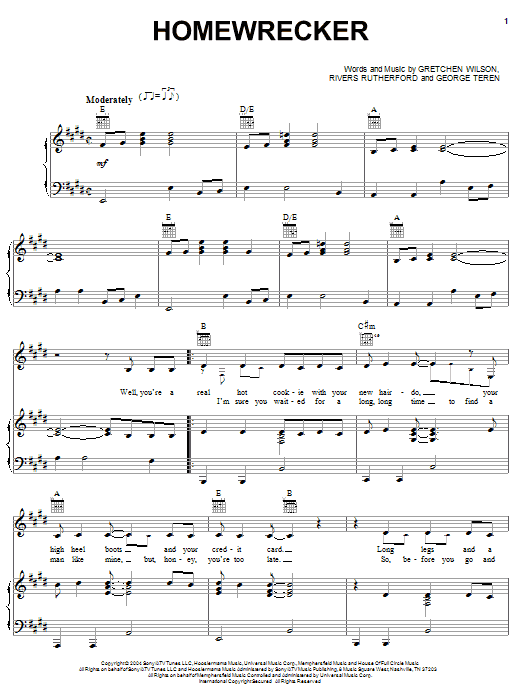 Gretchen Wilson Homewrecker Sheet Music Notes & Chords for Piano, Vocal & Guitar (Right-Hand Melody) - Download or Print PDF