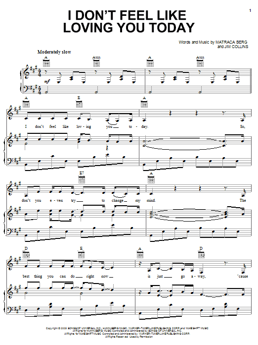 Gretchen Wilson I Don't Feel Like Loving You Today Sheet Music Notes & Chords for Piano, Vocal & Guitar (Right-Hand Melody) - Download or Print PDF