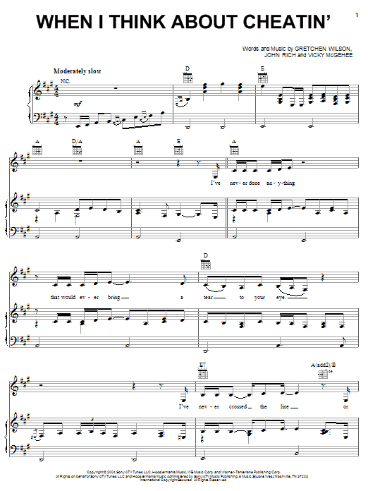 Gretchen Wilson When I Think About Cheatin' Sheet Music Notes & Chords for Piano, Vocal & Guitar (Right-Hand Melody) - Download or Print PDF