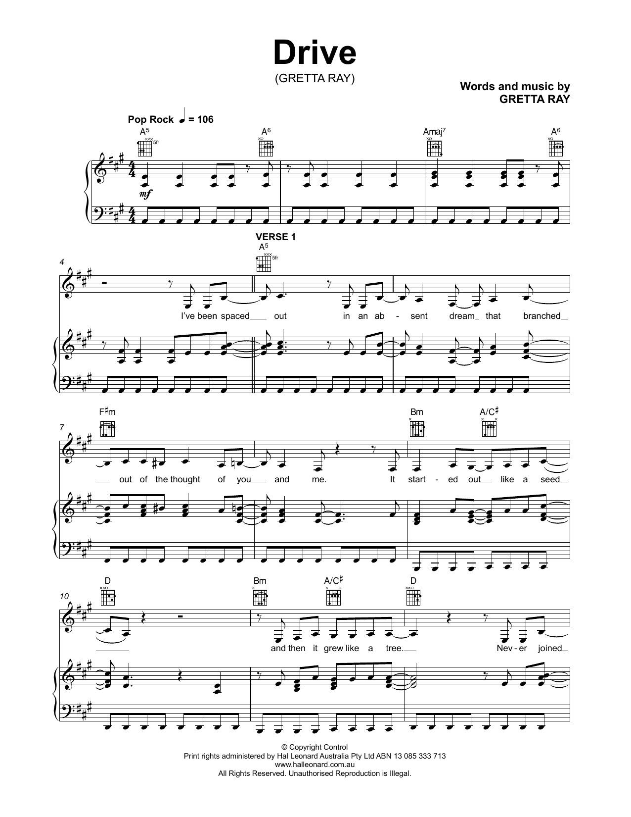 Gretta Ray Drive Sheet Music Notes & Chords for Piano, Vocal & Guitar (Right-Hand Melody) - Download or Print PDF