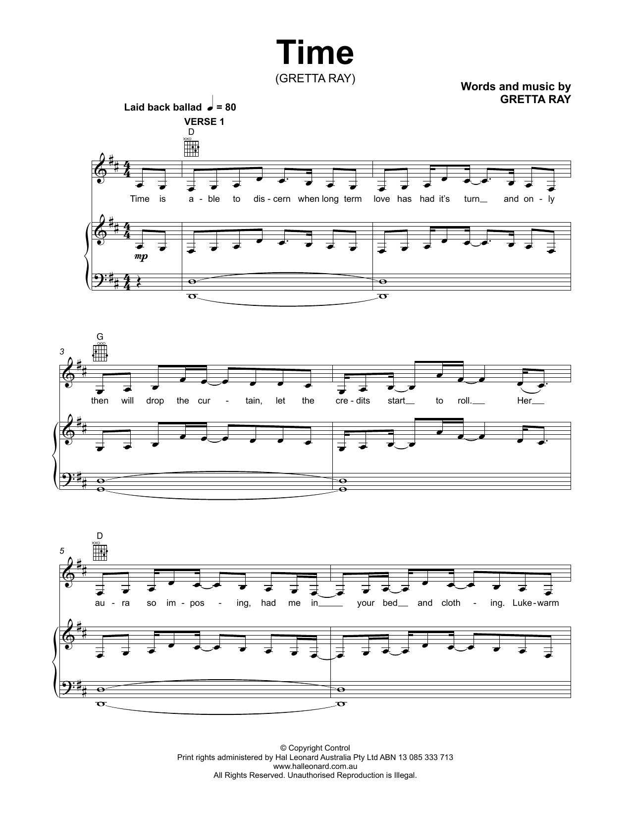 Gretta Ray Time Sheet Music Notes & Chords for Piano, Vocal & Guitar (Right-Hand Melody) - Download or Print PDF