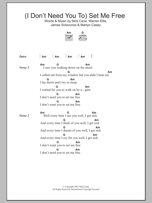 Nick Cave (I Don't Need You To) Set Me Free Sheet Music Notes & Chords for Lyrics & Chords - Download or Print PDF