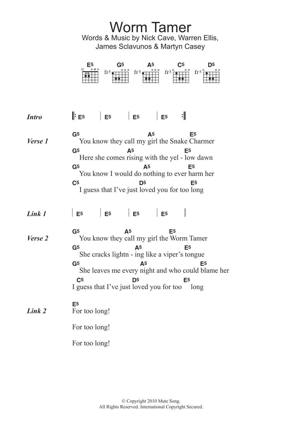 Nick Cave Worm Tamer Sheet Music Notes & Chords for Lyrics & Chords - Download or Print PDF
