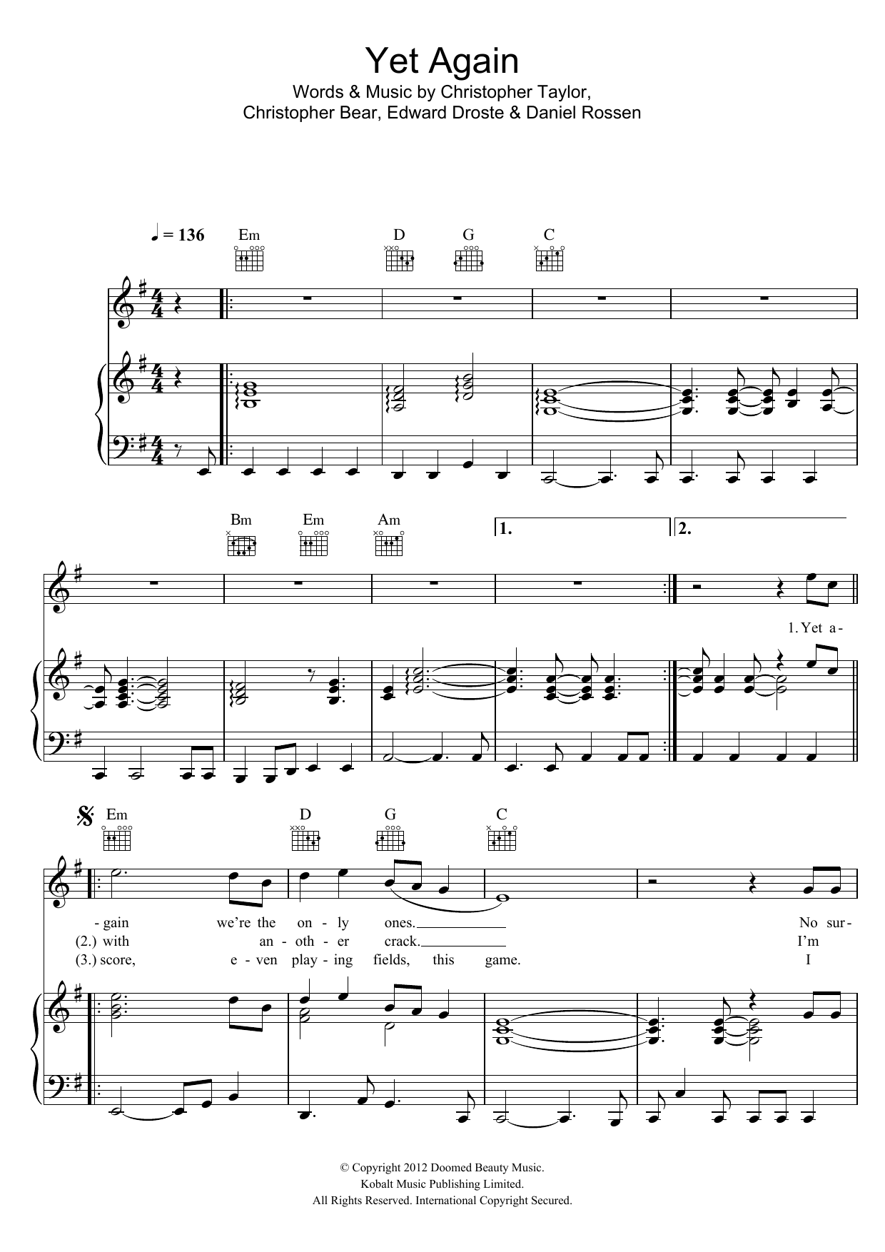 Grizzly Bear Yet Again Sheet Music Notes & Chords for Piano, Vocal & Guitar (Right-Hand Melody) - Download or Print PDF