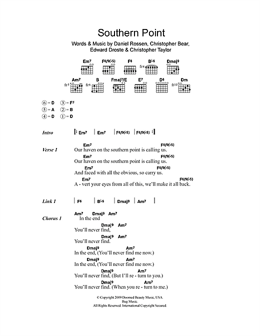 Grizzly Bear Southern Point Sheet Music Notes & Chords for Lyrics & Chords - Download or Print PDF