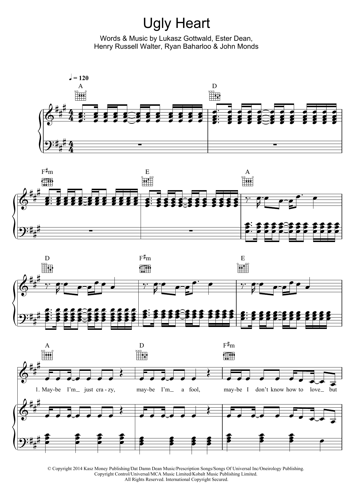 G.R.L. Ugly Heart Sheet Music Notes & Chords for Piano, Vocal & Guitar (Right-Hand Melody) - Download or Print PDF