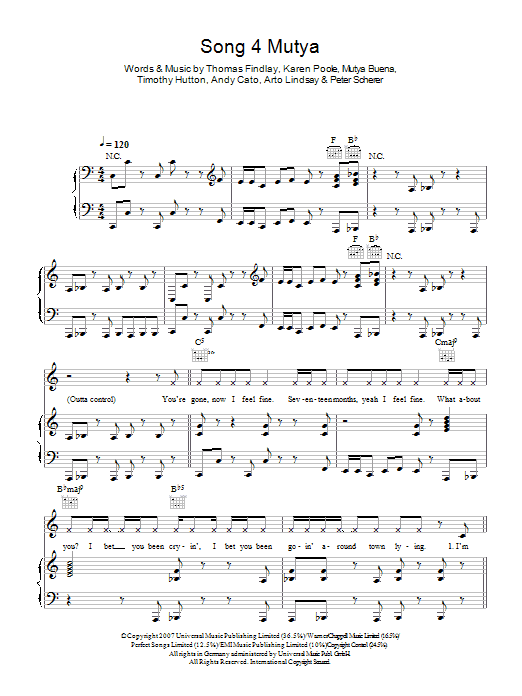 Groove Armada Song 4 Mutya (Out Of Control) Sheet Music Notes & Chords for Piano, Vocal & Guitar - Download or Print PDF