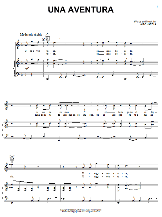 Grupo Niche Una Aventura Sheet Music Notes & Chords for Piano, Vocal & Guitar (Right-Hand Melody) - Download or Print PDF