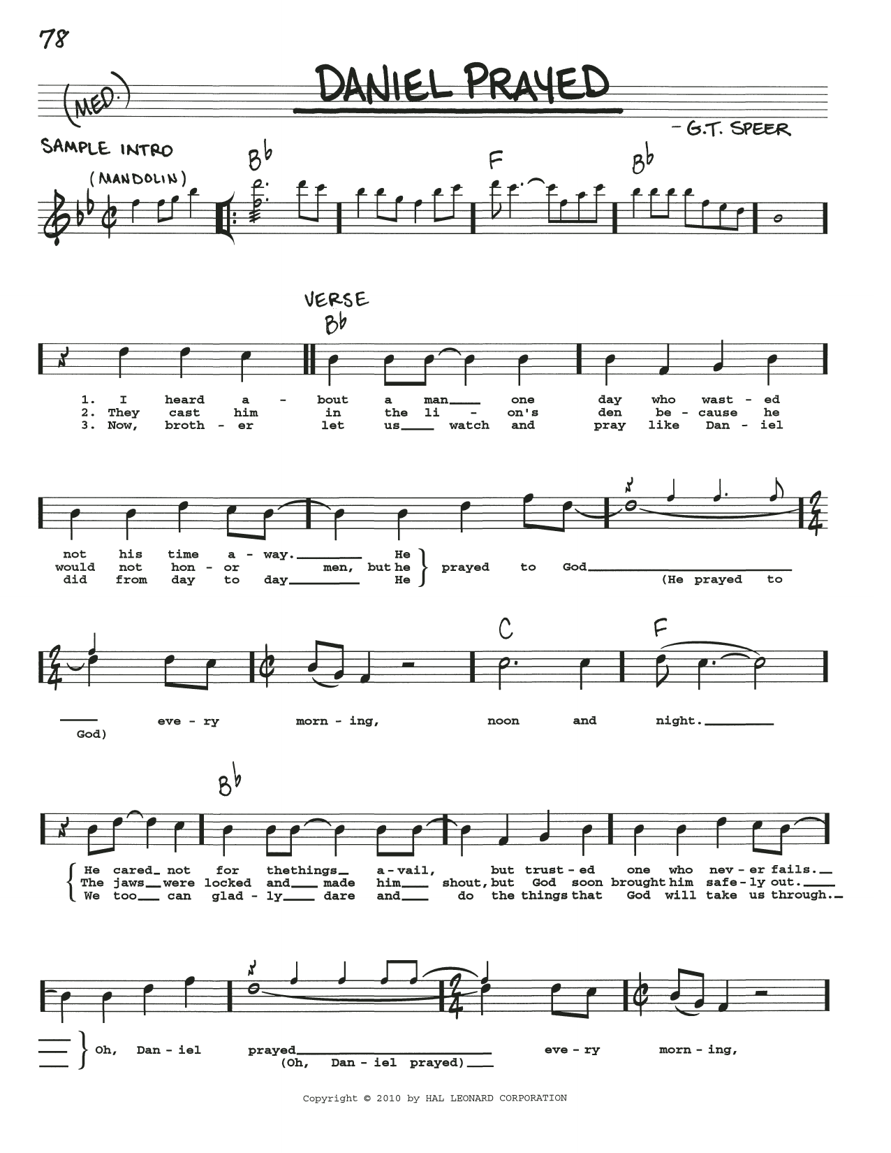 G.T. Speer Daniel Prayed Sheet Music Notes & Chords for Real Book – Melody, Lyrics & Chords - Download or Print PDF