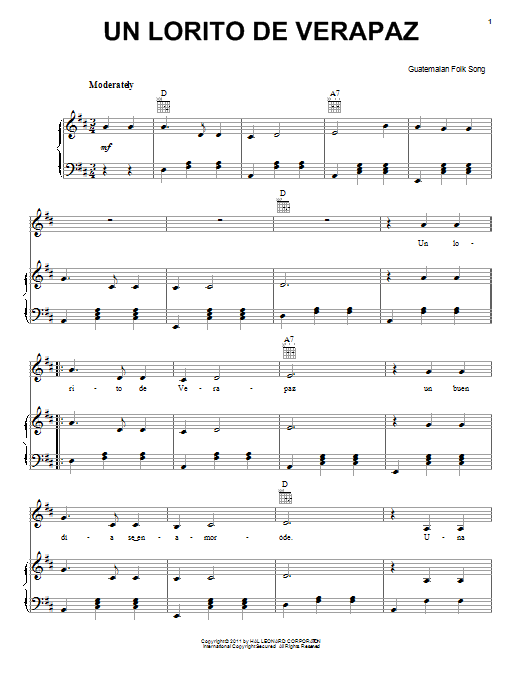 Guatemalan Folk Song Un Lorito De Verapaz Sheet Music Notes & Chords for Piano, Vocal & Guitar (Right-Hand Melody) - Download or Print PDF