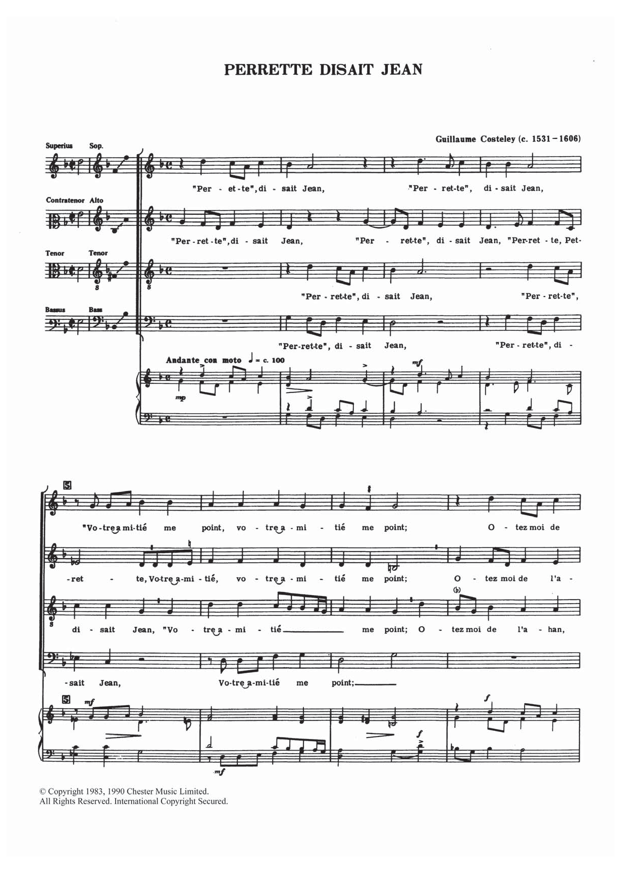 Guillaume Costeley Perrette, Disait Jean Sheet Music Notes & Chords for Choir - Download or Print PDF