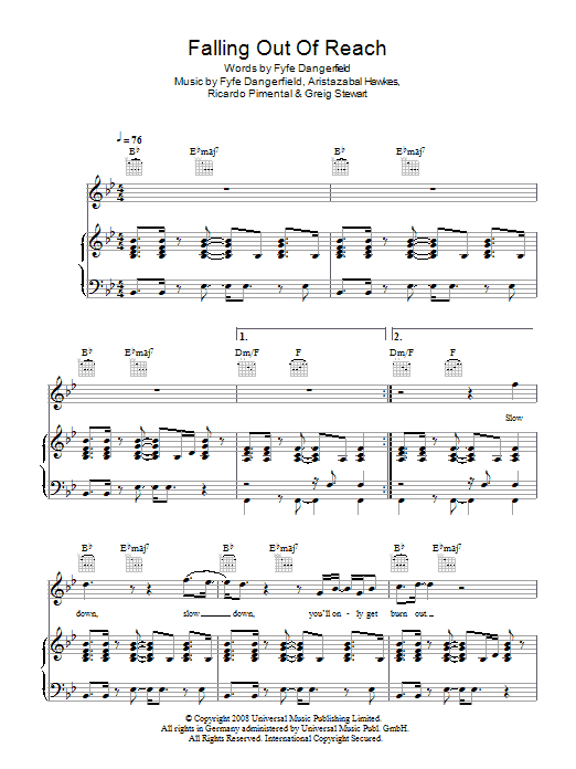 Guillemots Falling Out Of Reach Sheet Music Notes & Chords for Piano, Vocal & Guitar - Download or Print PDF