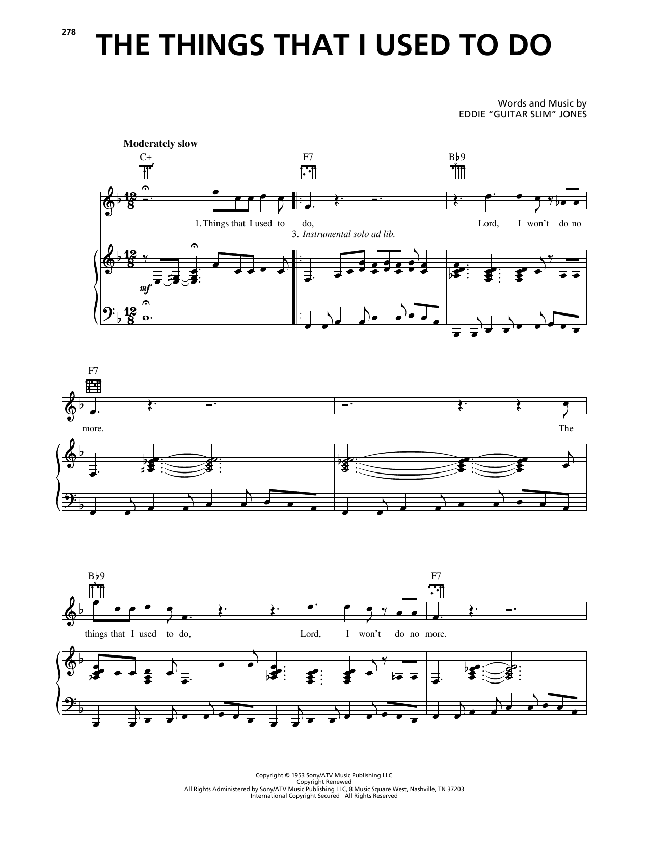 Guitar Slim The Things That I Used To Do Sheet Music Notes & Chords for Piano, Vocal & Guitar Chords (Right-Hand Melody) - Download or Print PDF