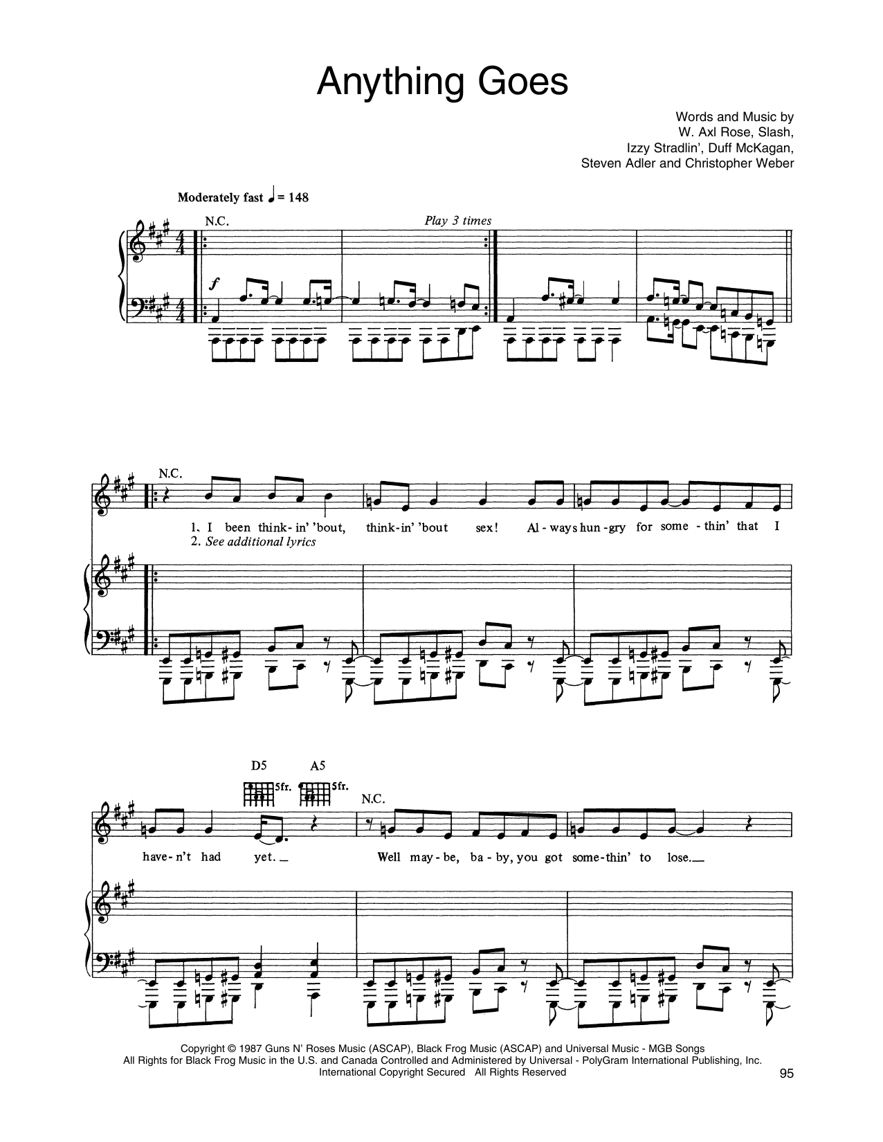 Guns N' Roses Anything Goes Sheet Music Notes & Chords for Piano, Vocal & Guitar Chords (Right-Hand Melody) - Download or Print PDF