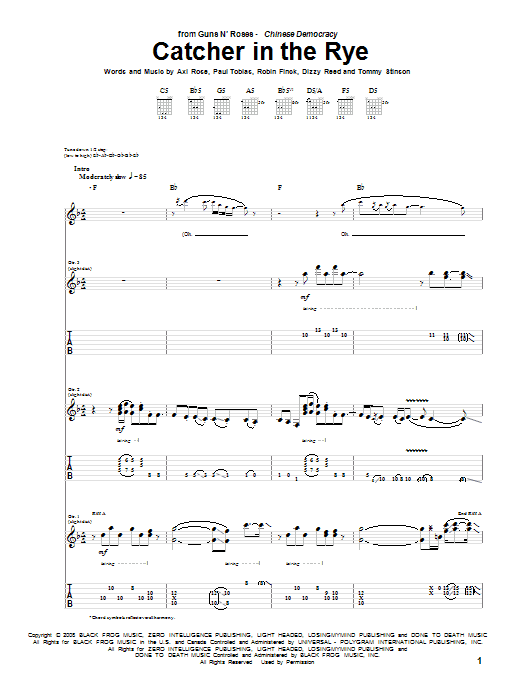 Guns N' Roses Catcher In The Rye Sheet Music Notes & Chords for Guitar Tab - Download or Print PDF