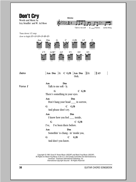 Guns N' Roses Don't Cry Sheet Music Notes & Chords for Lyrics & Chords - Download or Print PDF
