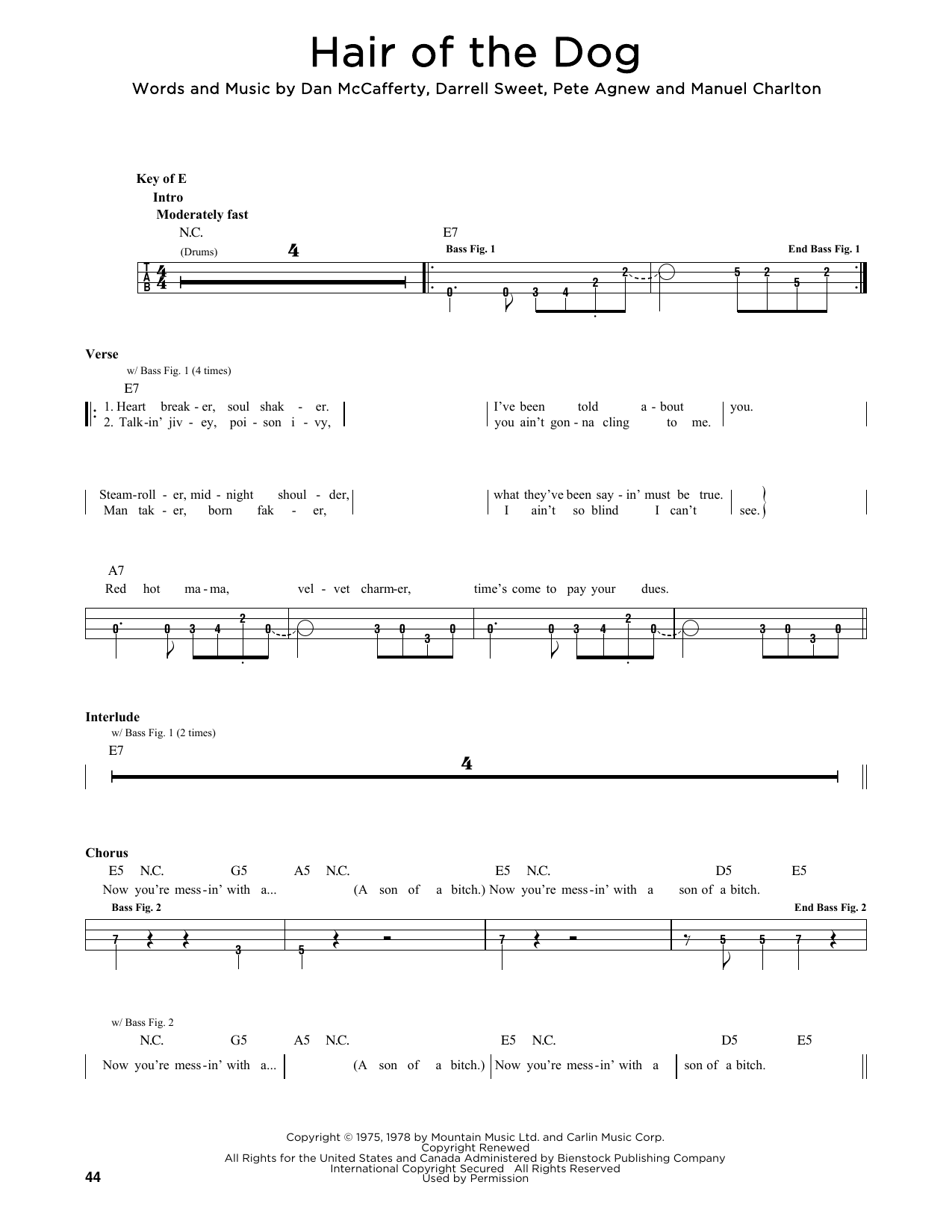 Guns N' Roses Hair Of The Dog Sheet Music Notes & Chords for Easy Bass Tab - Download or Print PDF