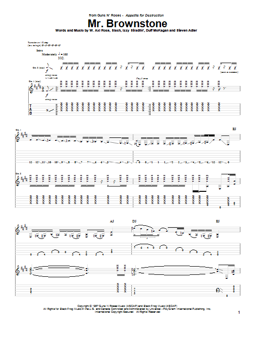 Guns N' Roses Mr. Brownstone Sheet Music Notes & Chords for Guitar Tab (Single Guitar) - Download or Print PDF