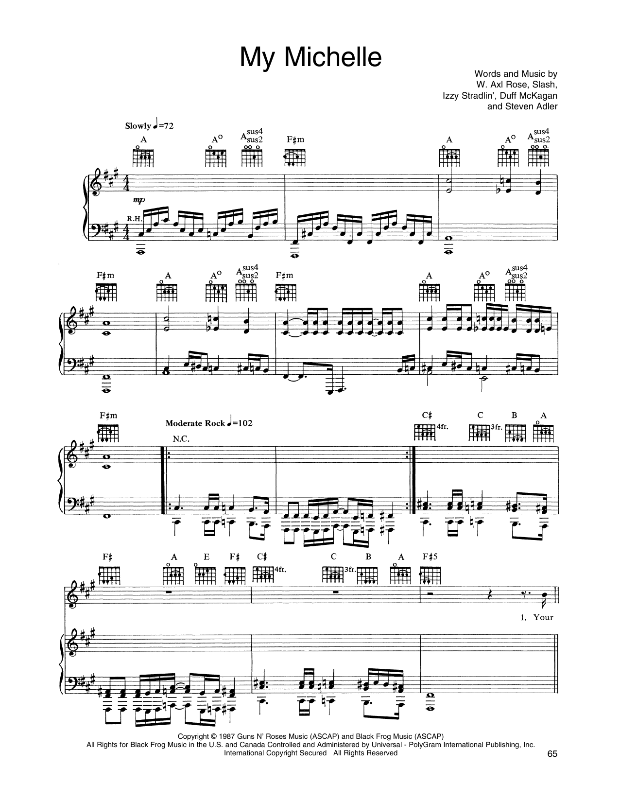 Guns N' Roses My Michelle Sheet Music Notes & Chords for Piano, Vocal & Guitar Chords (Right-Hand Melody) - Download or Print PDF