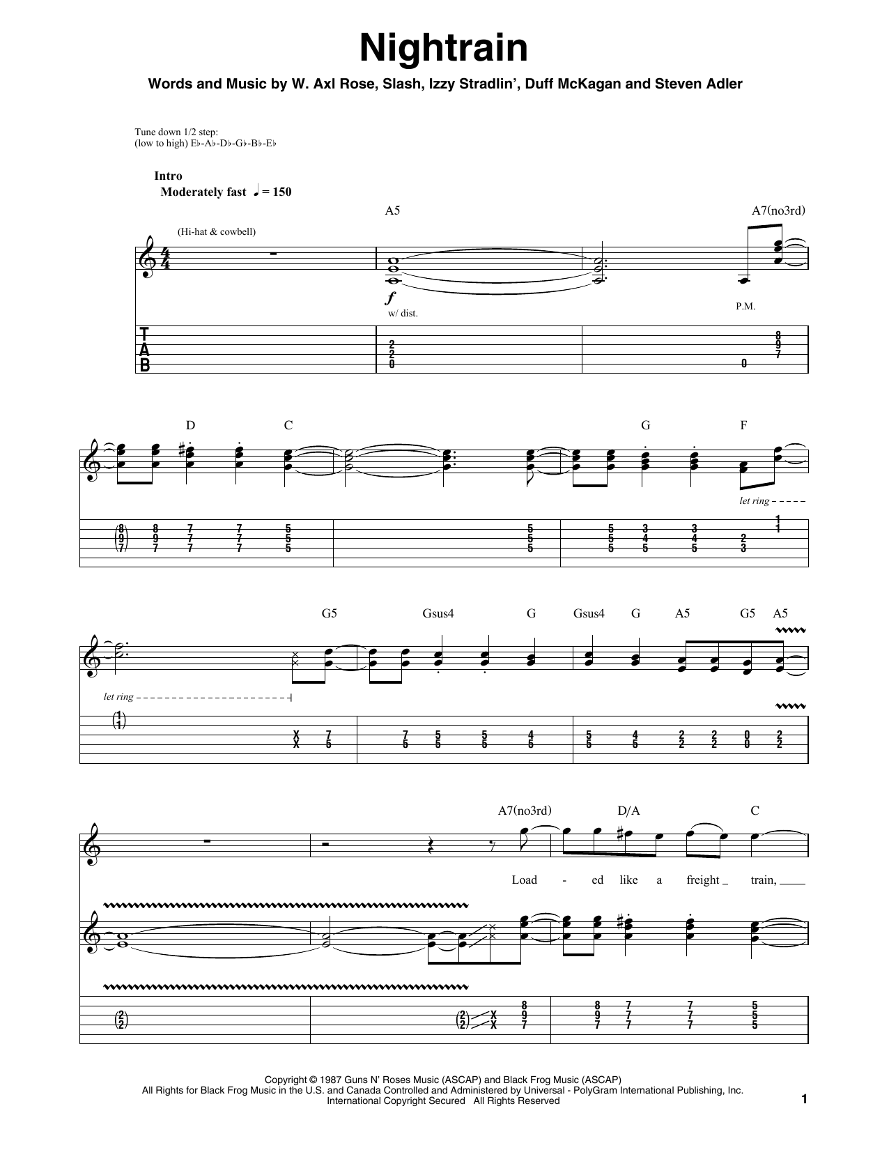 Guns N' Roses Nightrain Sheet Music Notes & Chords for Guitar Tab (Single Guitar) - Download or Print PDF