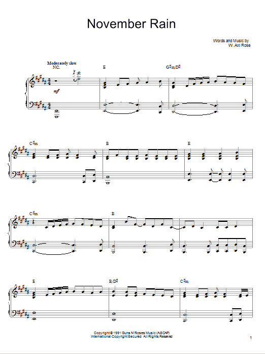 Guns N' Roses November Rain Sheet Music Notes & Chords for Piano - Download or Print PDF