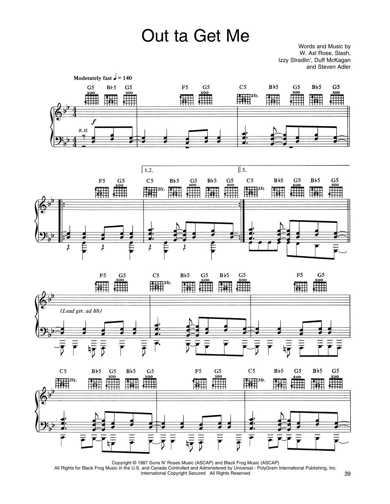 Guns N' Roses Out Ta Get Me Sheet Music Notes & Chords for Piano, Vocal & Guitar Chords (Right-Hand Melody) - Download or Print PDF