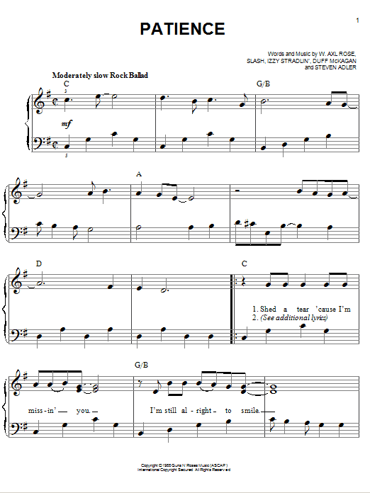 Guns N' Roses Patience Sheet Music Notes & Chords for Guitar Lead Sheet - Download or Print PDF