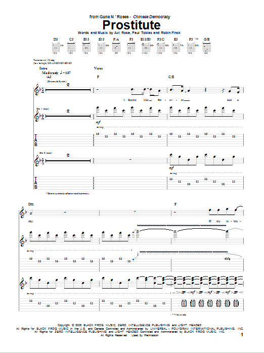 Guns N' Roses Prostitute Sheet Music Notes & Chords for Guitar Tab - Download or Print PDF