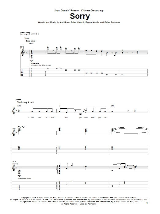 Guns N' Roses Sorry Sheet Music Notes & Chords for Guitar Tab - Download or Print PDF