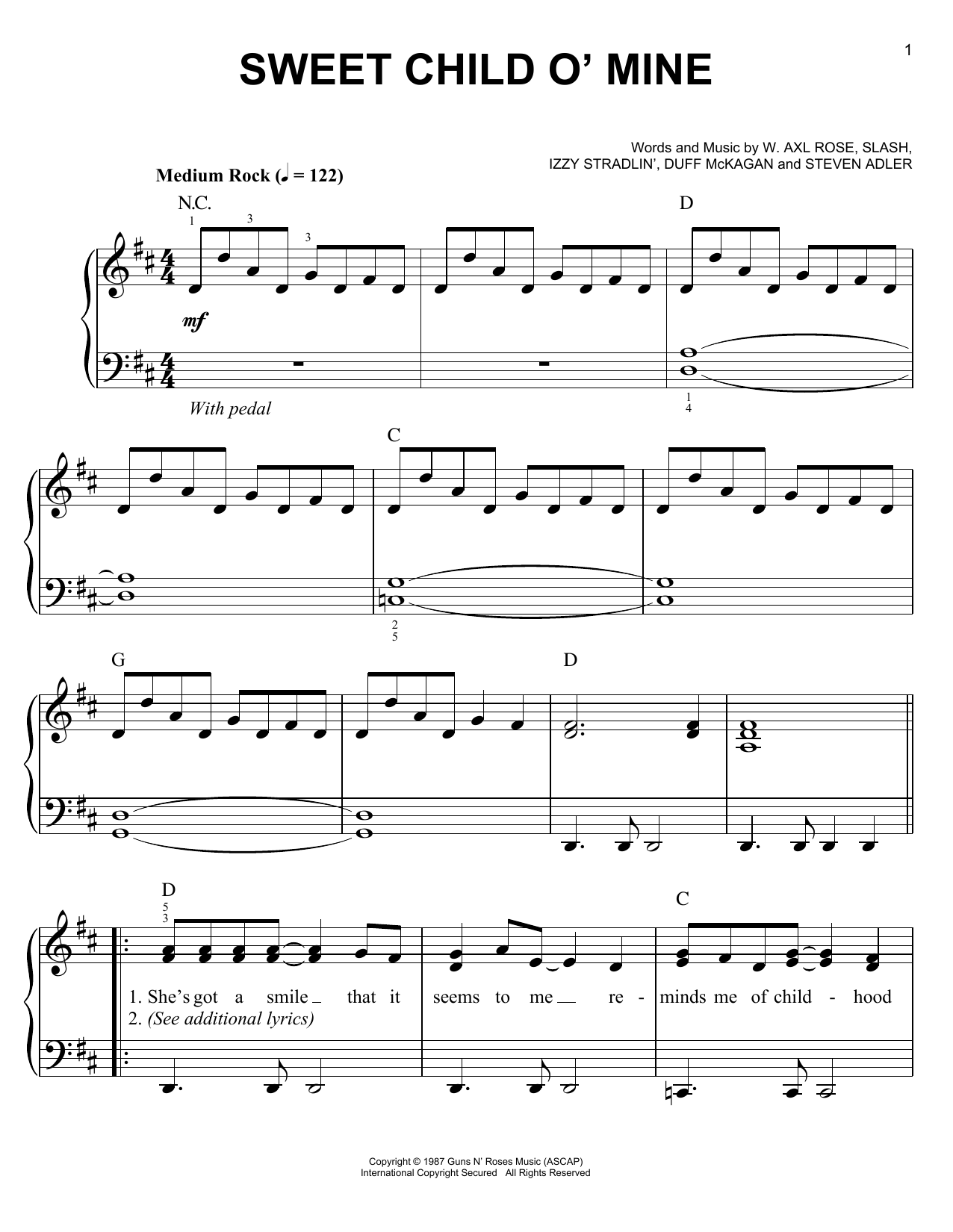 Guns N' Roses Sweet Child O' Mine Sheet Music Notes & Chords for Very Easy Piano - Download or Print PDF