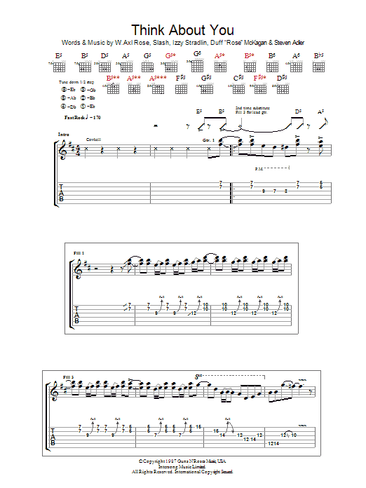Guns N' Roses Think About You Sheet Music Notes & Chords for Guitar Tab - Download or Print PDF