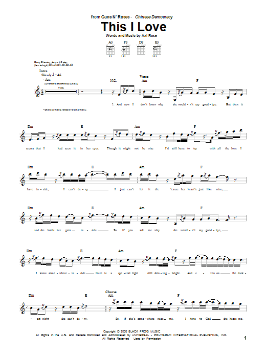 Guns N' Roses This I Love Sheet Music Notes & Chords for Piano, Vocal & Guitar (Right-Hand Melody) - Download or Print PDF