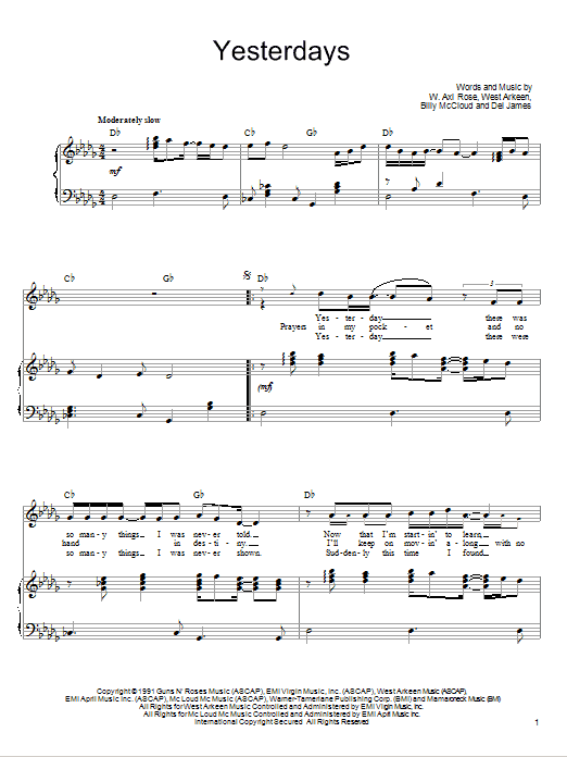 Guns N' Roses Yesterdays Sheet Music Notes & Chords for Piano, Vocal & Guitar (Right-Hand Melody) - Download or Print PDF