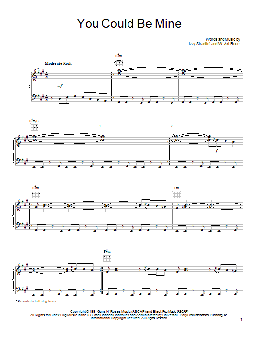 Guns N' Roses You Could Be Mine Sheet Music Notes & Chords for Piano, Vocal & Guitar (Right-Hand Melody) - Download or Print PDF