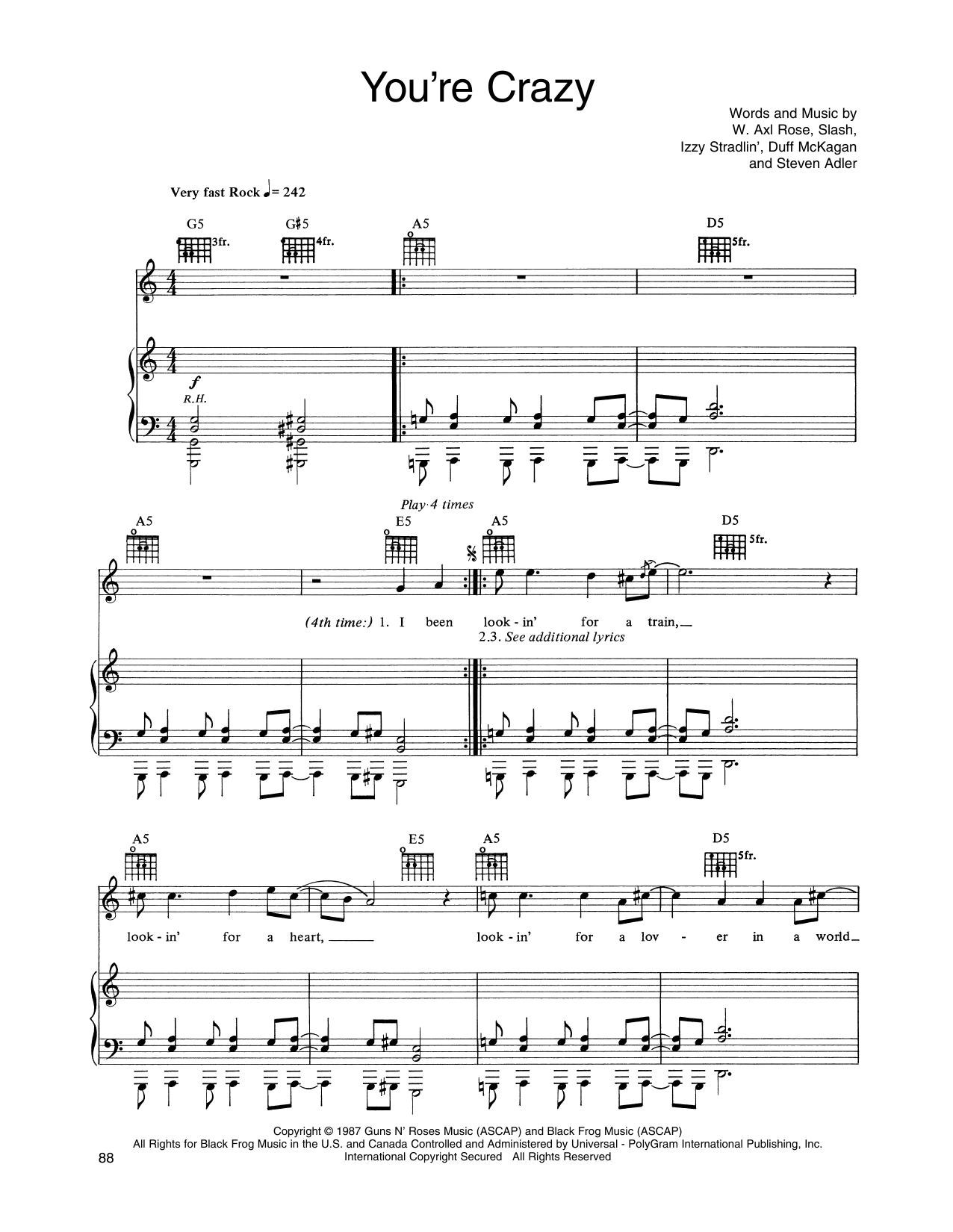 Guns N Roses You're Crazy Sheet Music Notes & Chords for Piano, Vocal & Guitar Chords (Right-Hand Melody) - Download or Print PDF