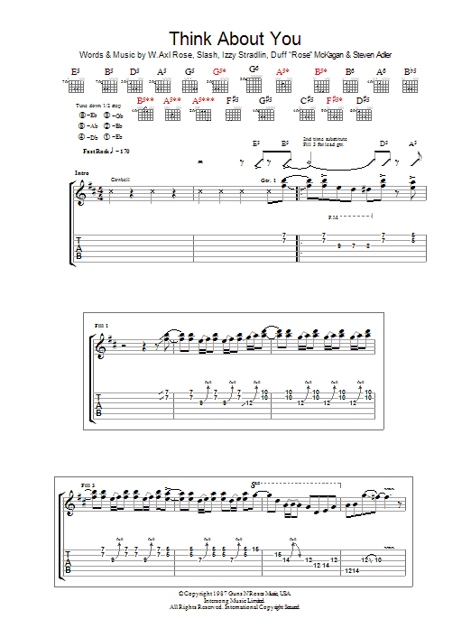 Preview Guns N' Roses Think About You Rock sheet music, notes and chords for Guitar Tab, SKU: 37765 Think About You sheet music