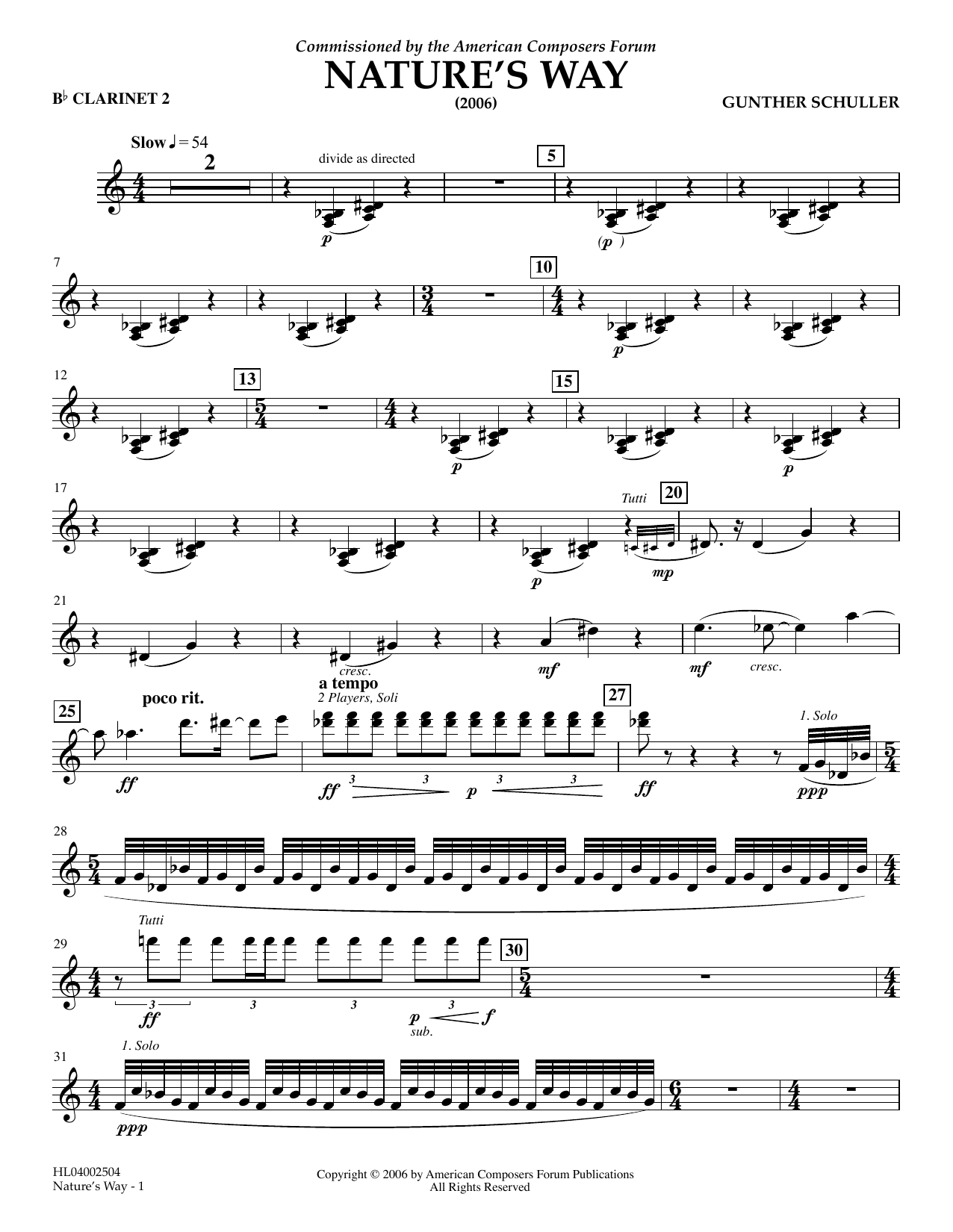 Gunther Schuller Nature's Way - Bb Clarinet 2 Sheet Music Notes & Chords for Concert Band - Download or Print PDF