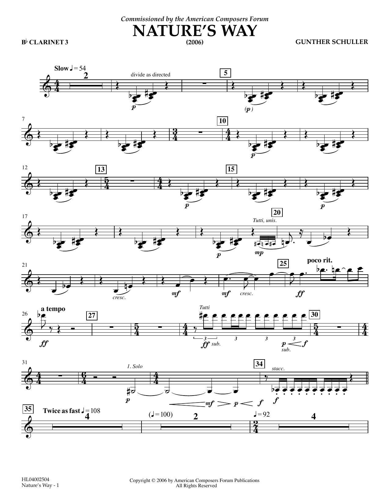 Gunther Schuller Nature's Way - Bb Clarinet 3 Sheet Music Notes & Chords for Concert Band - Download or Print PDF
